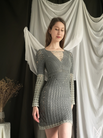 MEADOW MIST | Unique long-sleeve crochet lace dress | S/36