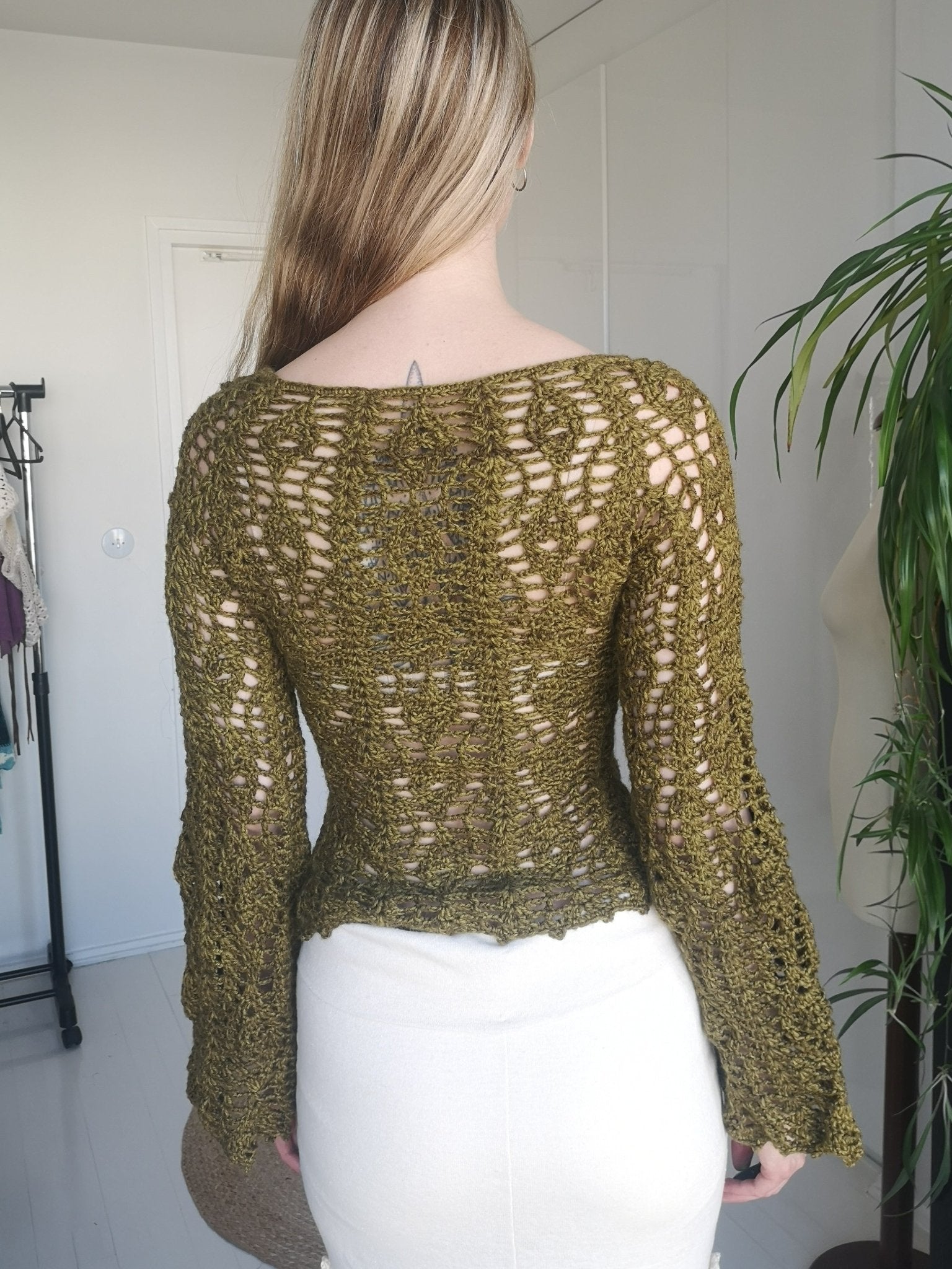 Olive Green Flare Sleeve Crochet Top | XS - S - Maana Crafts