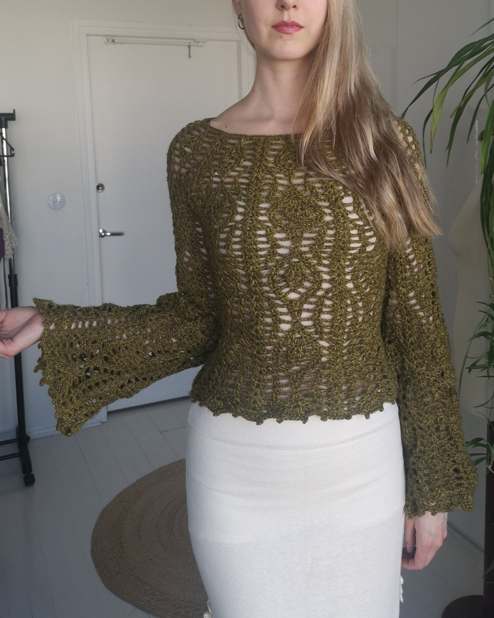 Olive Green Flare Sleeve Crochet Top | XS - S - Maana Crafts