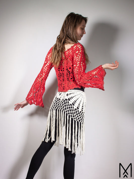 SUNDANCE Solid White | Organic cotton fringe belt skirt | S/M