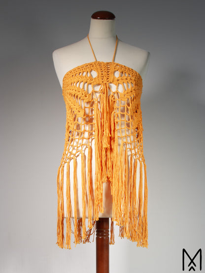 SUNDANCE Turmeric Yellow | Organic multi-way crochet garment with fringe hem | S/M